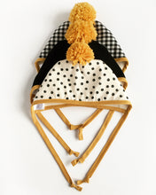 Load image into Gallery viewer, Black and White Gingham Winter Bonnet with Mustard Binding and matching Pom Pom
