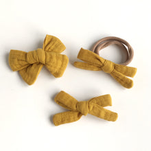 Load image into Gallery viewer, Mustard Double Gauze Hand Tied Cotton Hair Bow
