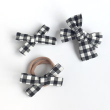 Load image into Gallery viewer, Black and White Gingham Hand Tied Cotton Hair Bow
