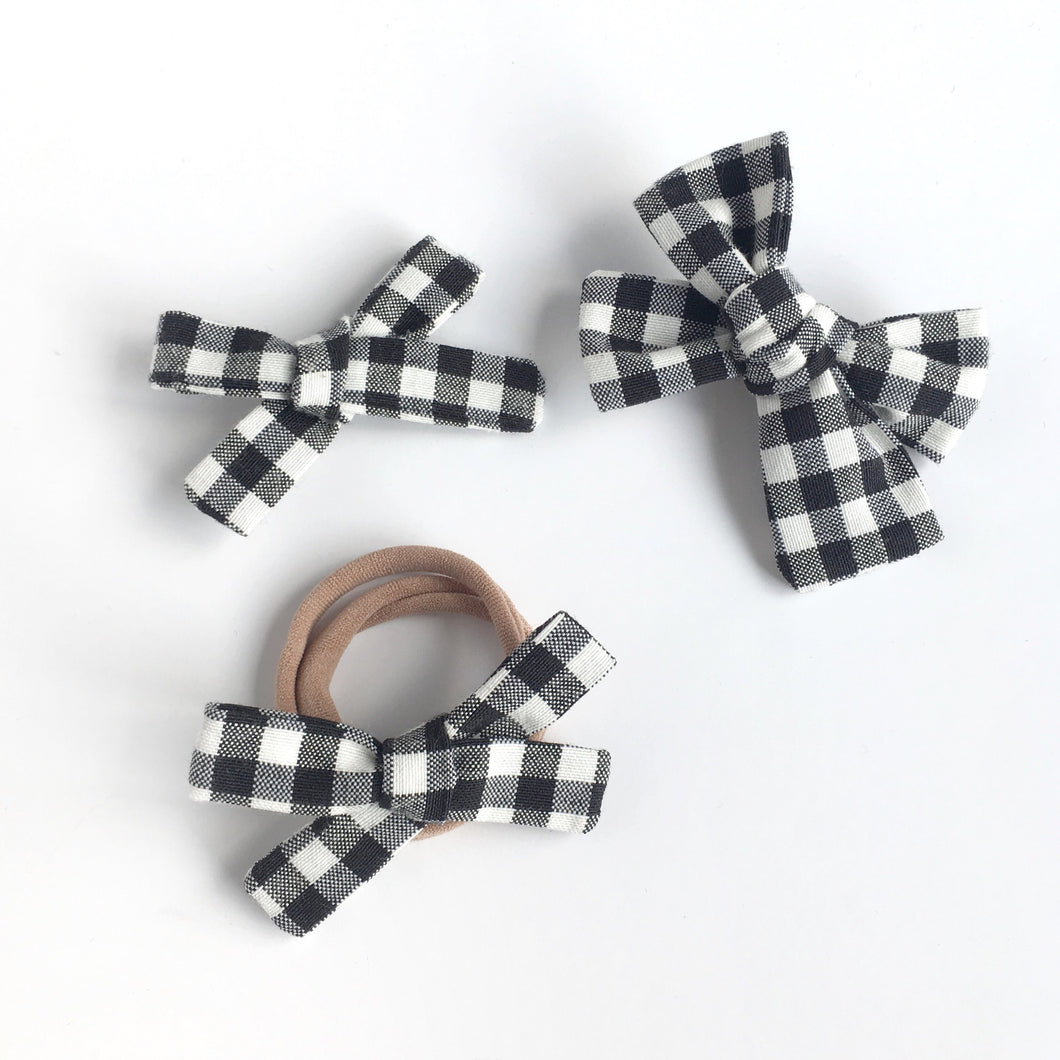 Black and White Gingham Hand Tied Cotton Hair Bow