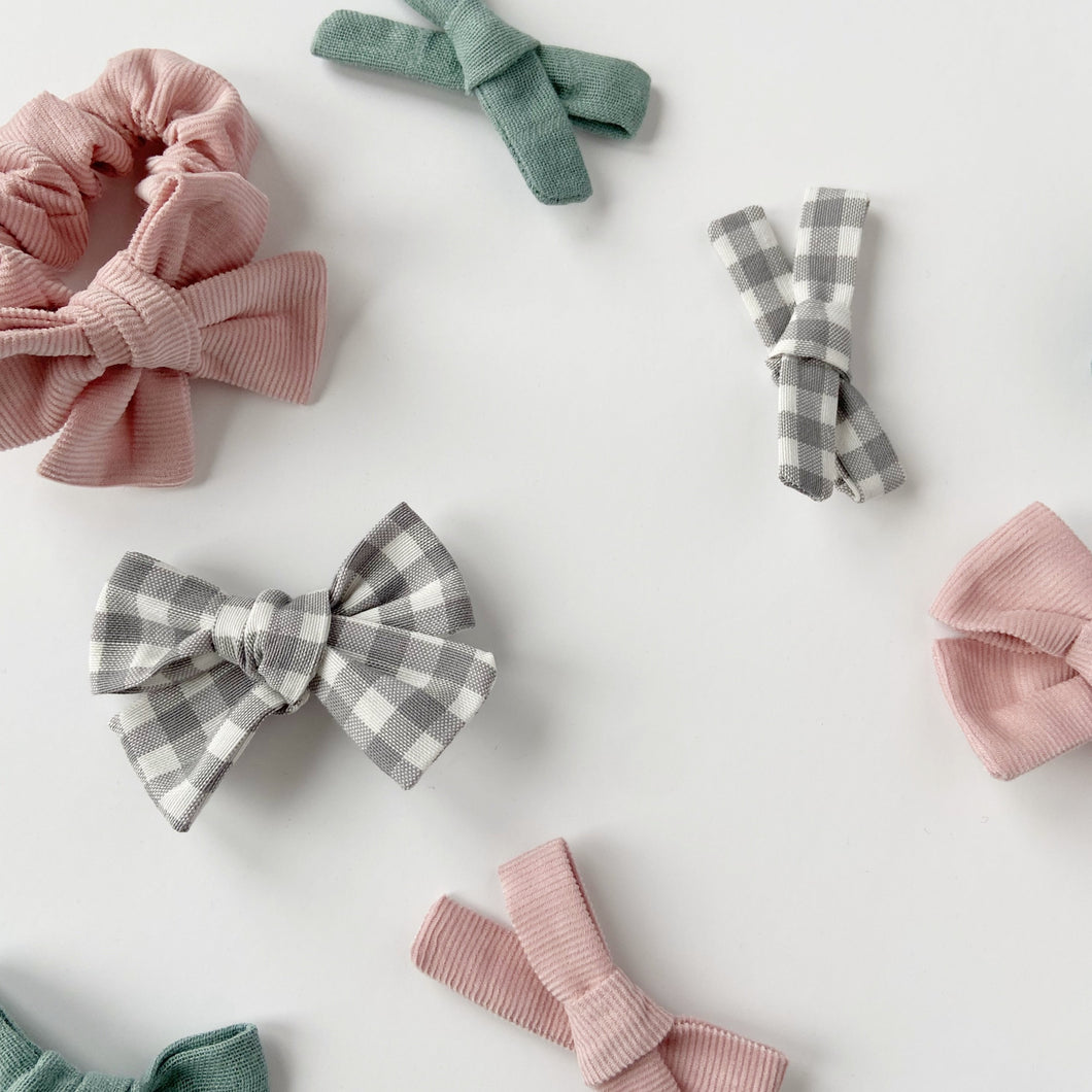 Grey Gingham Hand Tied Cotton Hair Bow