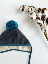 Load image into Gallery viewer, Charcoal Bonnet with Petrol Binding with matching Pom Pom
