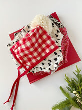 Load image into Gallery viewer, Christmas Gingham Woollen Bonnet with Red Binding and Cream Pom Pom
