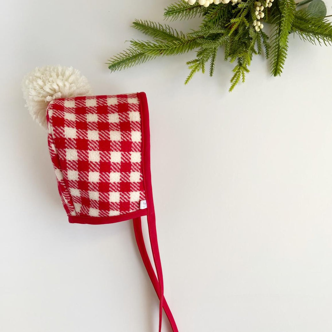 Christmas Gingham Woollen Bonnet with Red Binding and Cream Pom Pom
