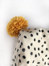 Load image into Gallery viewer, Black and Cream Spotty Winter Bonnet with Mustard Binding and Pom Pom
