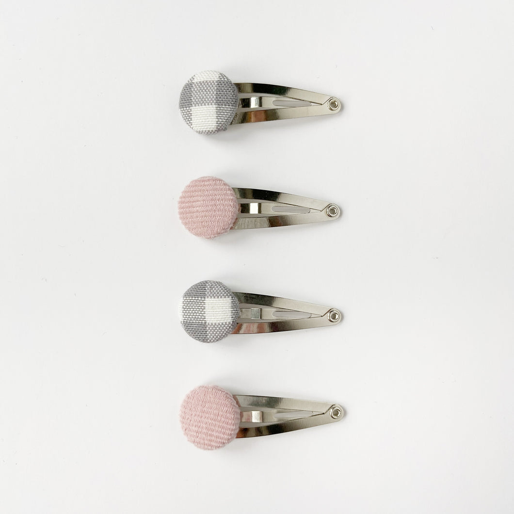 Pink Needlecord and Grey Gingham Fabric Covered Button Clips