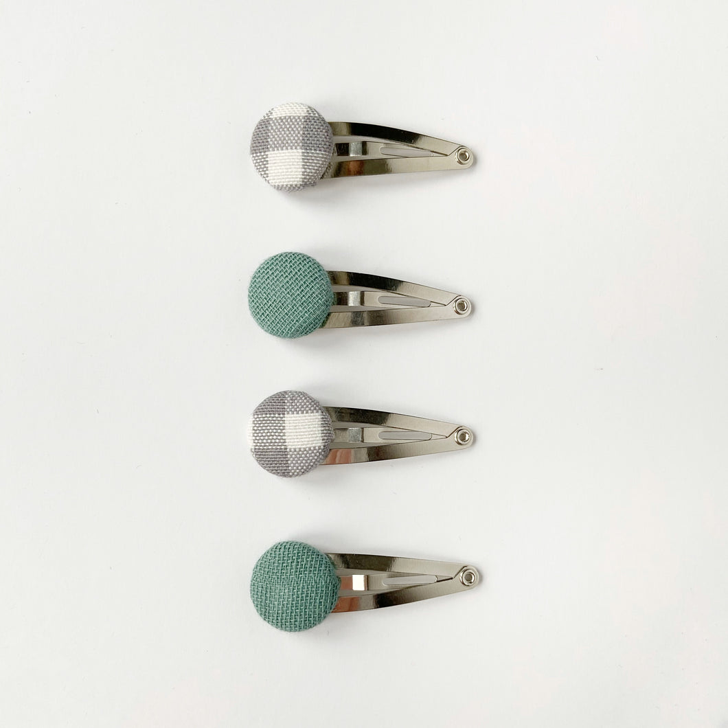 Seafoam and Grey Gingham Fabric Covered Button Clips