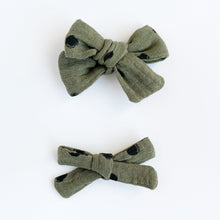 Load image into Gallery viewer, Khaki Green Spot Hand Tied Cotton Hair Bow
